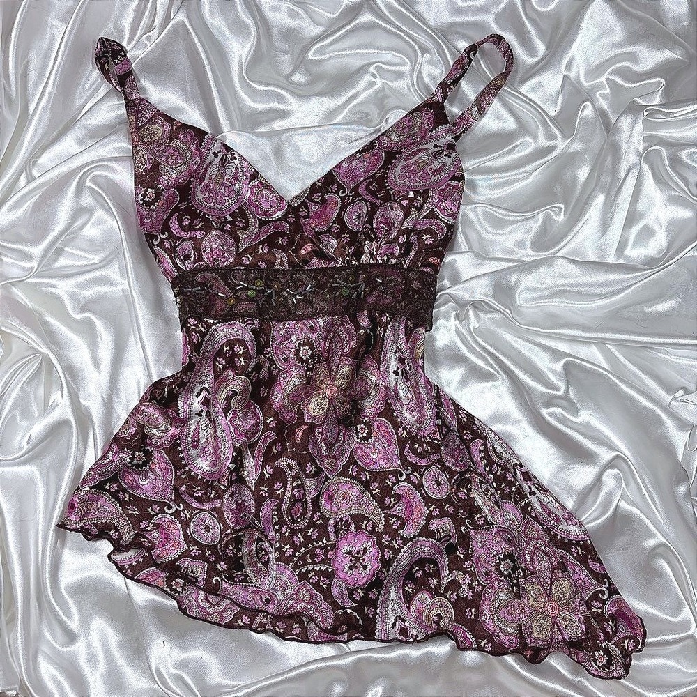 y2k Cami Top Purple Paisley Beaded Lace Trim Asymmetrical Hem Fashion Bug